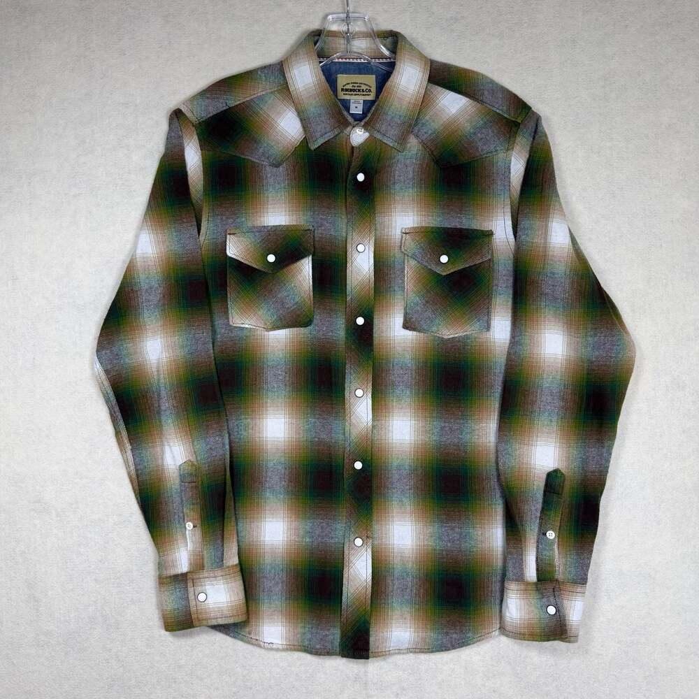 Roebuck & Co.  Shirt Mens Medium Green Brown Shadow Plaid Western Pearl Snap